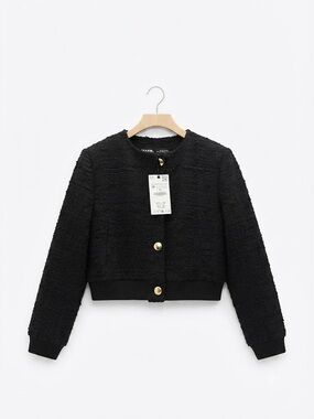NWT Zara Black Textured Bomber Jacket with Gold Buttons Size M